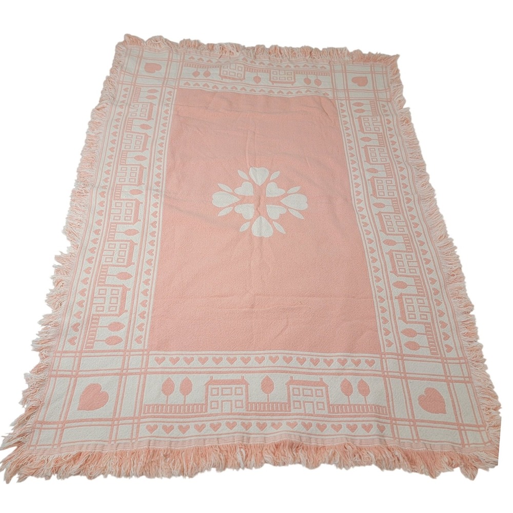 VTG Interpur Pink Ivory Reversible Cotton Afghan Blanket House Heart Spain 63x44